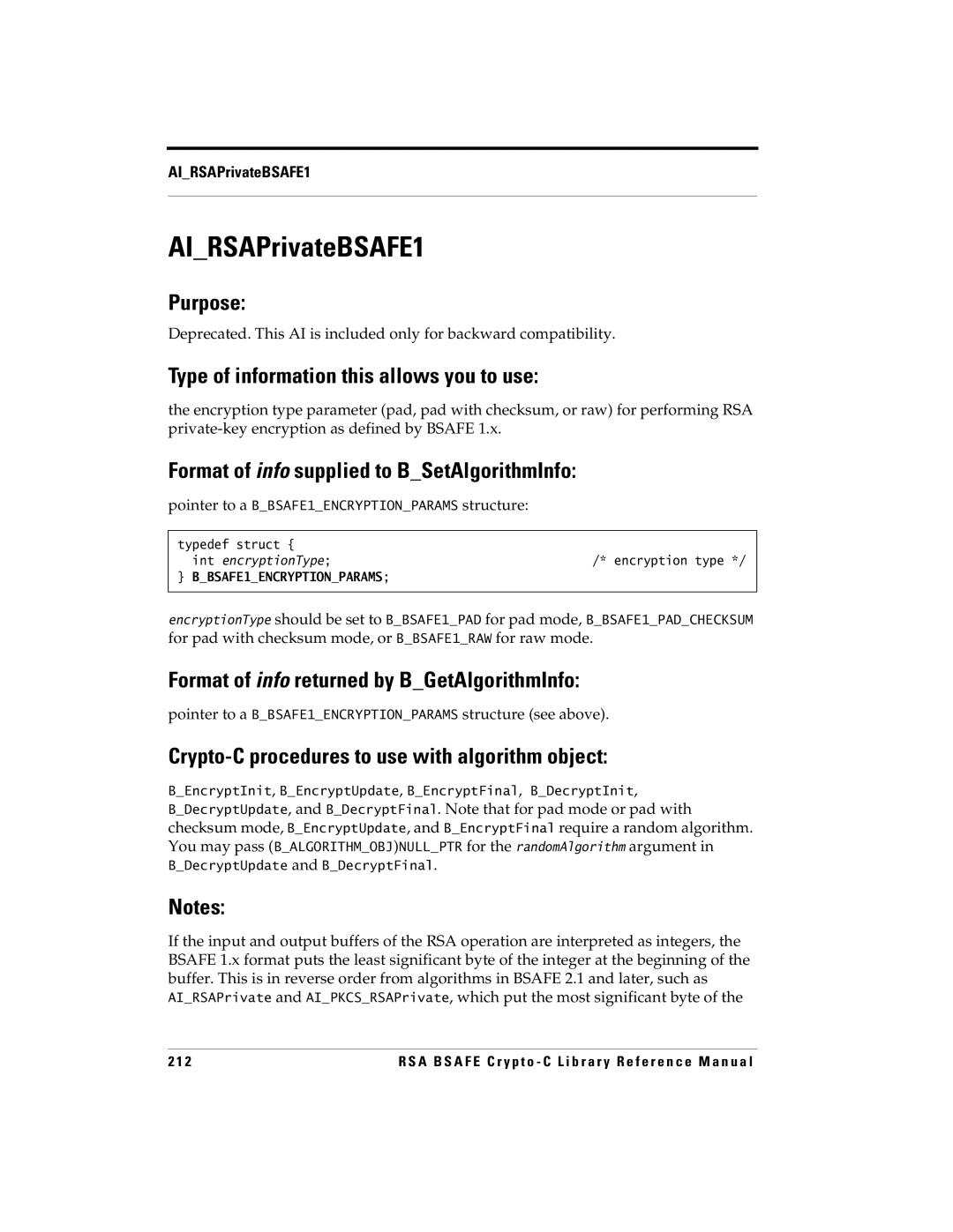 RSA Security 5 manual AIRSAPrivateBSAFE1, Pointer to a BBSAFE1ENCRYPTIONPARAMS structure see above 