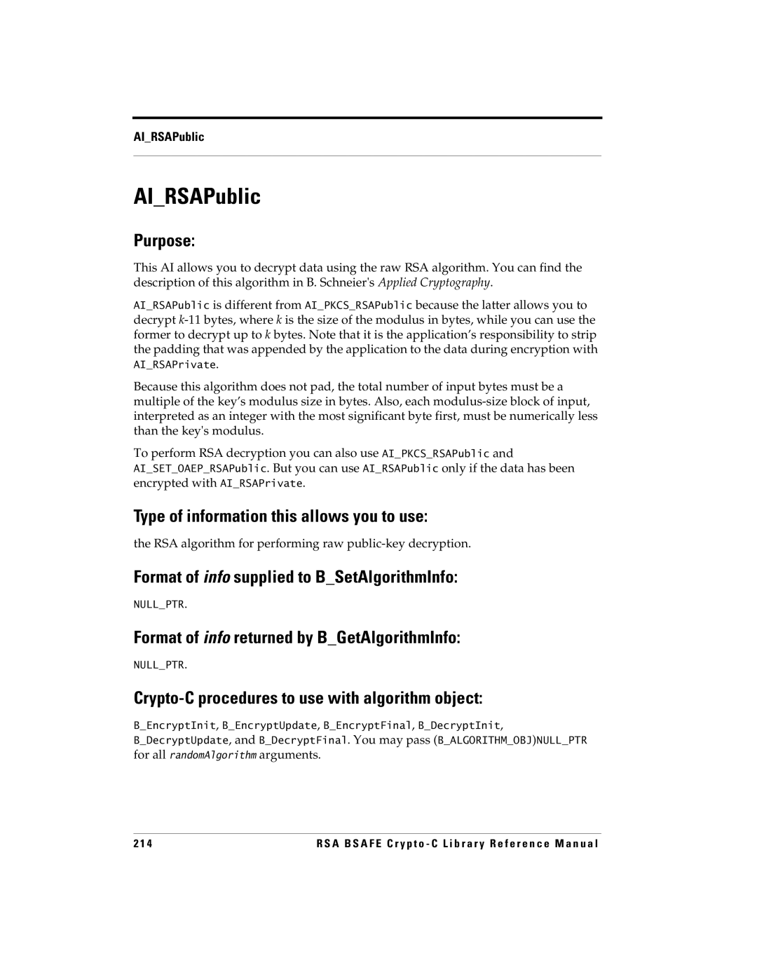 RSA Security 5 manual AIRSAPublic, RSA algorithm for performing raw public-key decryption 