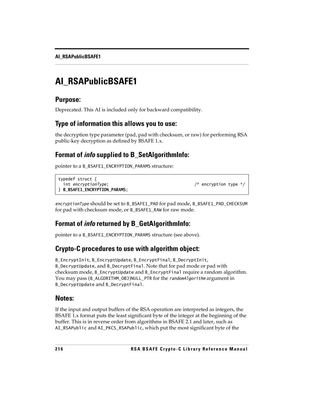 RSA Security 5 manual AIRSAPublicBSAFE1, Pointer to a BBSAFE1ENCRYPTIONPARAMS structure see above 