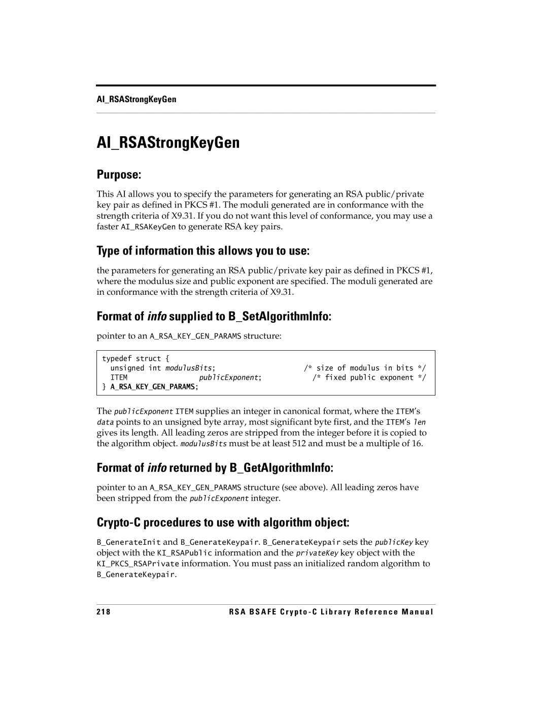 RSA Security 5 manual AIRSAStrongKeyGen, Pointer to an Arsakeygenparams structure 