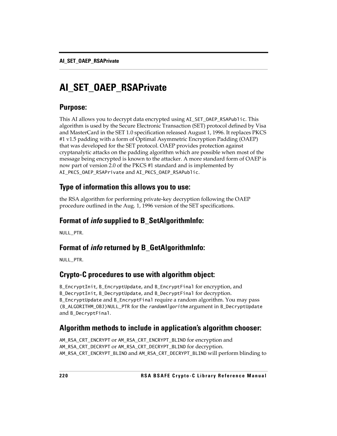 RSA Security 5 manual AISETOAEPRSAPrivate, For the randomAlgorithm argument in BDecryptUpdate 