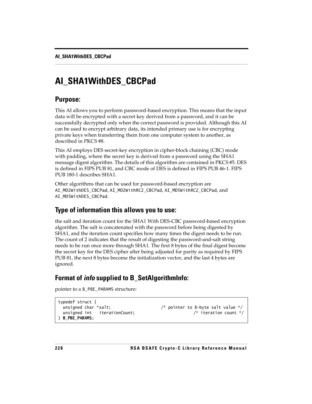 RSA Security 5 manual AISHA1WithDESCBCPad, Pointer to a Bpbeparams structure 