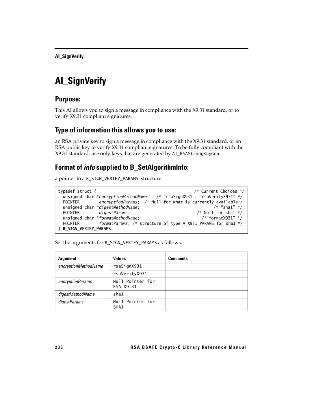 RSA Security 5 AISignVerify, Pointer to a Bsignverifyparams structure, Set the arguments for Bsignverifyparams as follows 