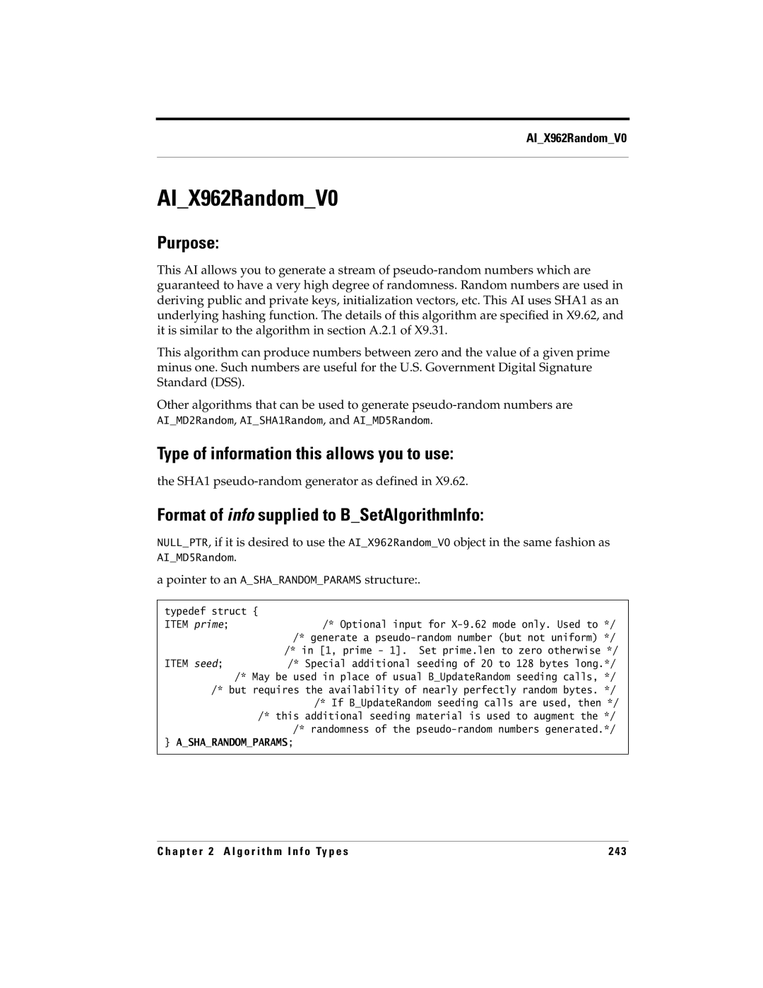 RSA Security 5 manual AIX962RandomV0, SHA1 pseudo-random generator as defined, Pointer to an Asharandomparams structure 