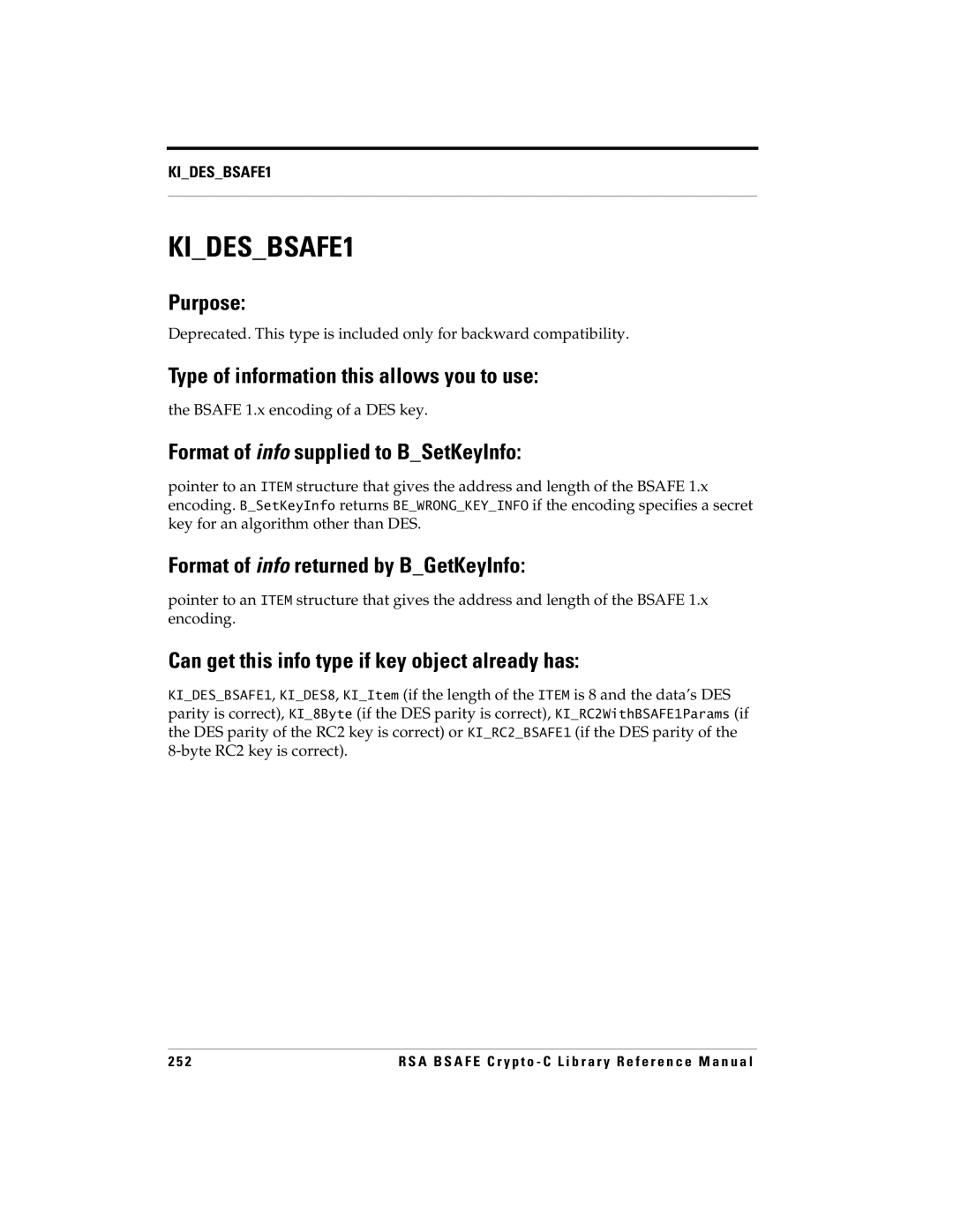 RSA Security 5 manual KIDESBSAFE1, Bsafe 1.x encoding of a DES key 