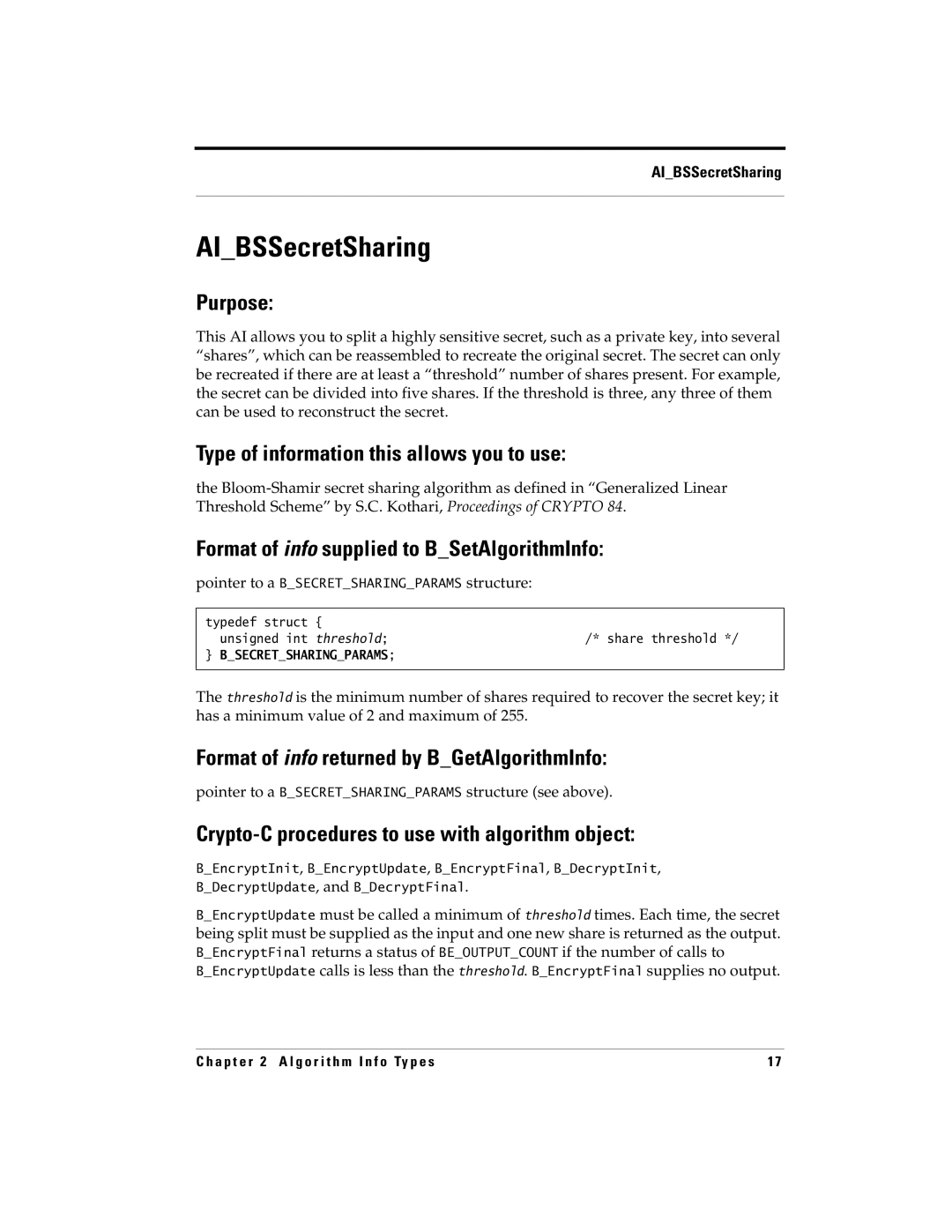 RSA Security 5 manual AIBSSecretSharing, Pointer to a Bsecretsharingparams structure see above 