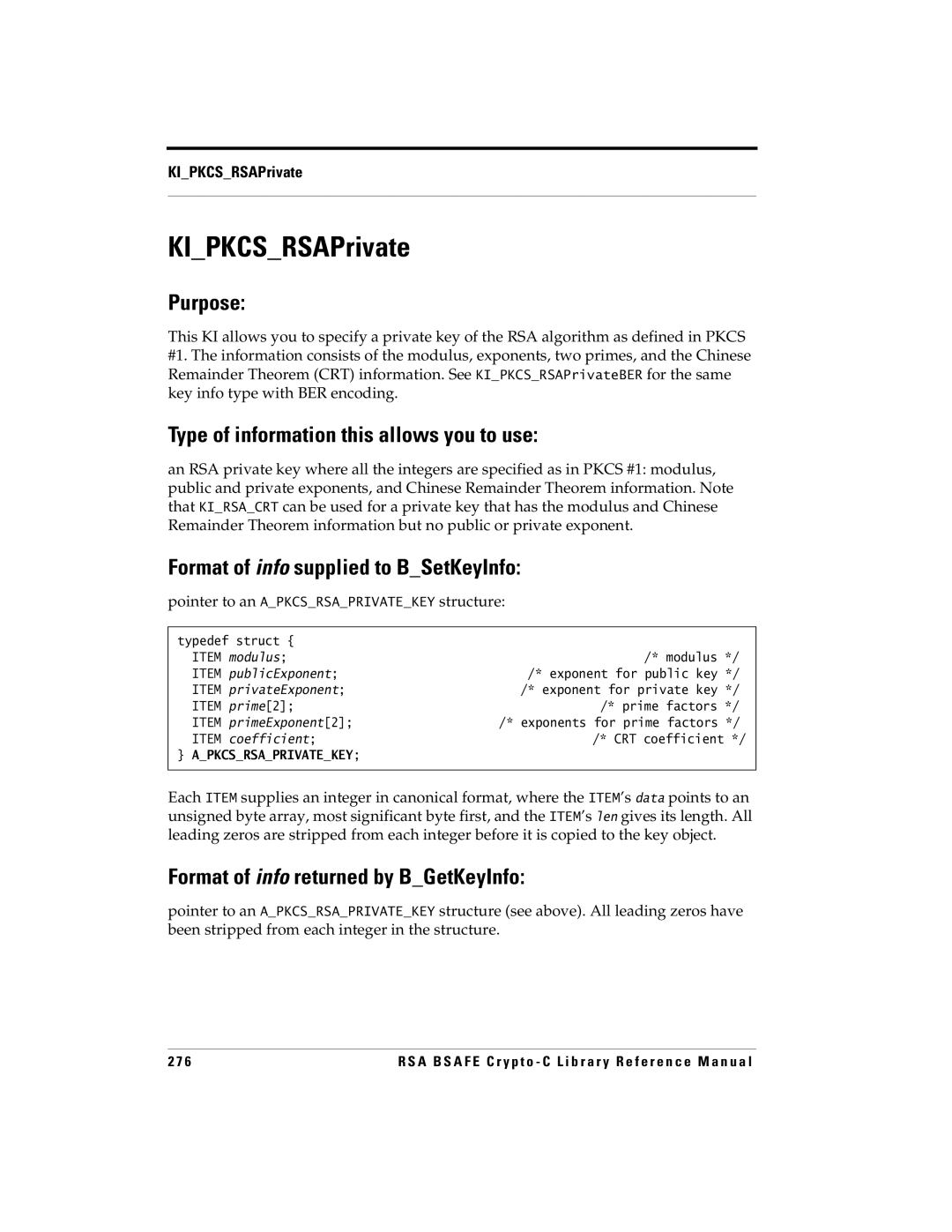 RSA Security 5 manual KIPKCSRSAPrivate, Pointer to an Apkcsrsaprivatekey structure 