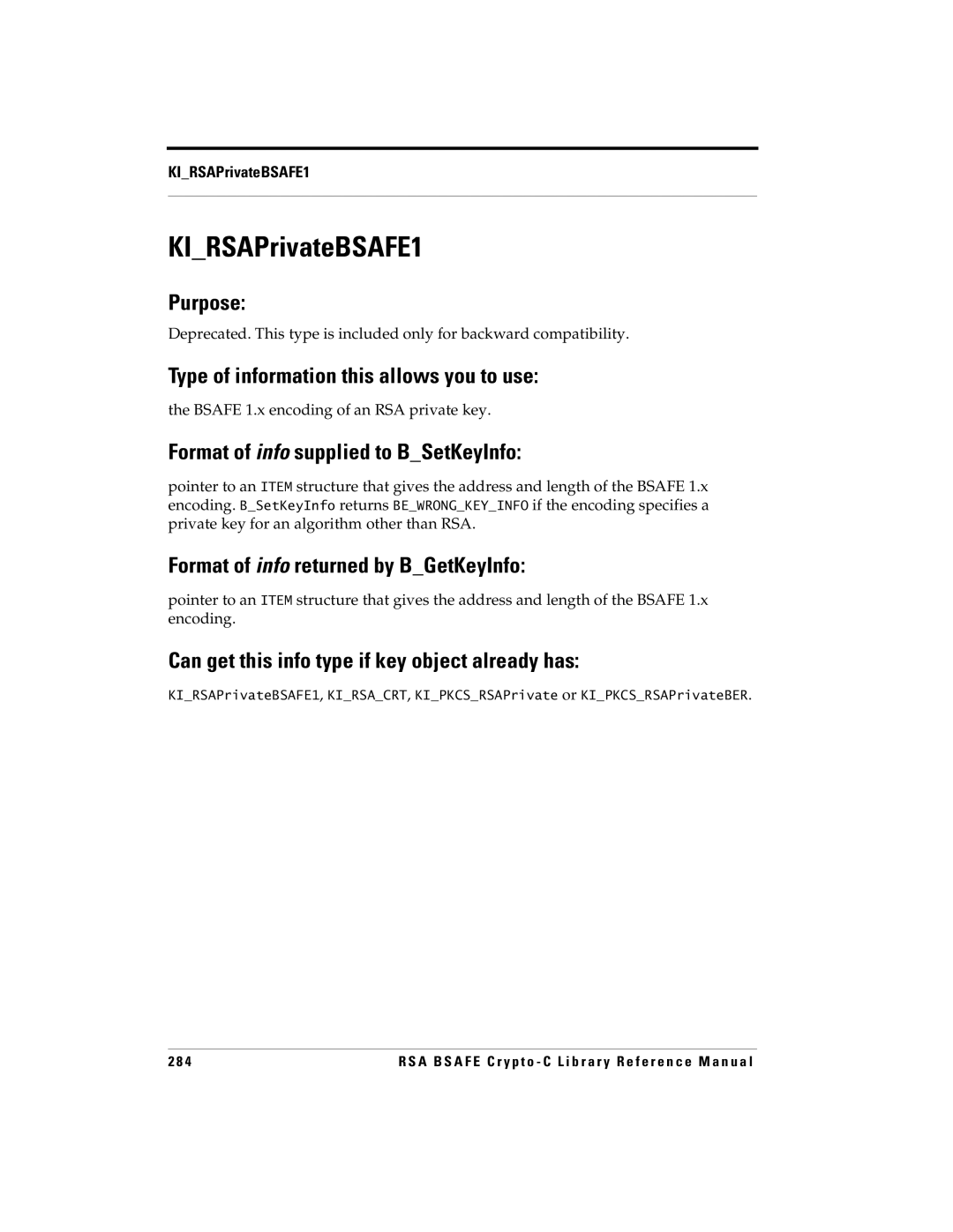 RSA Security 5 manual KIRSAPrivateBSAFE1, Bsafe 1.x encoding of an RSA private key 