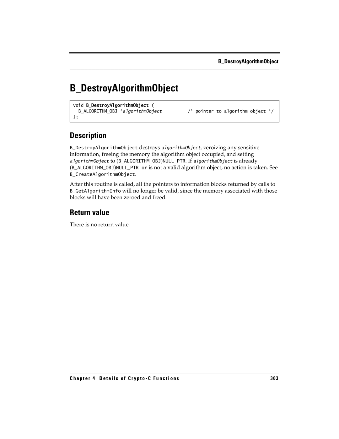 RSA Security 5 manual There is no return value, Void BDestroyAlgorithmObject 