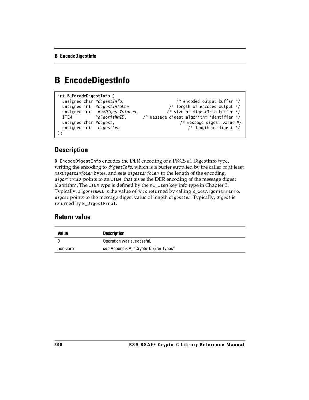 RSA Security 5 manual Int BEncodeDigestInfo 