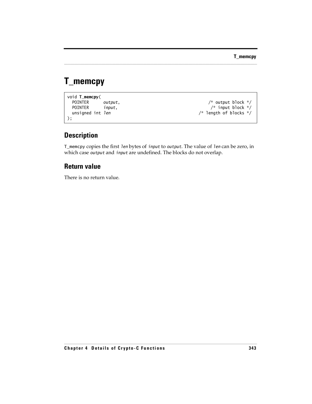 RSA Security 5 manual Tmemcpy, There is no return value 