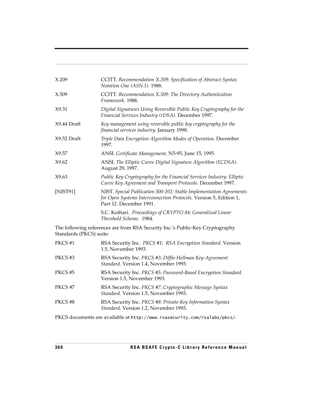 RSA Security 209, 509, X9.31, X9.44 Draft, X9.52 Draft, 1997, X9.57 ANSI. Certificate Management, N5-95, June 15 X9.62 