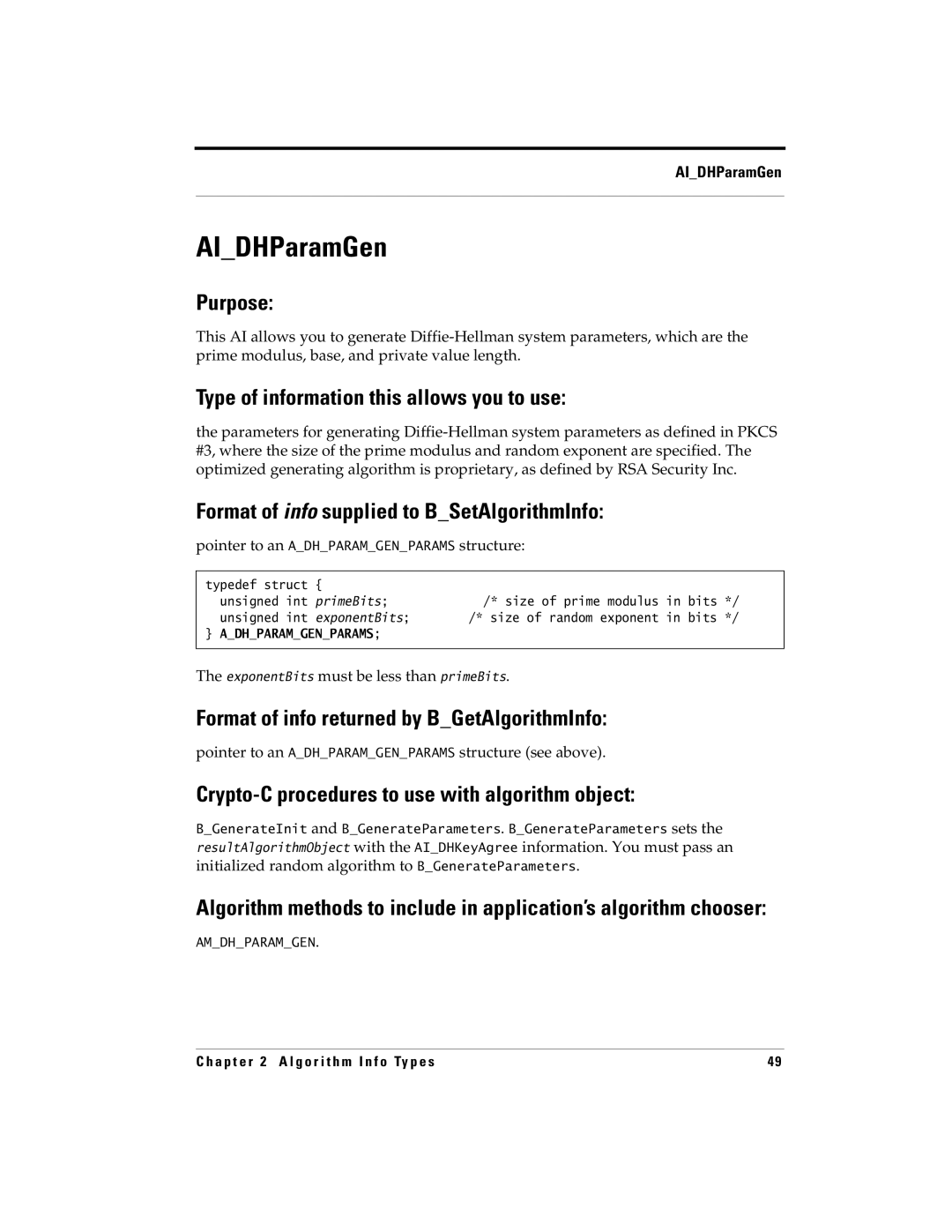 RSA Security 5 manual AIDHParamGen, Pointer to an Adhparamgenparams structure, ExponentBits must be less than primeBits 