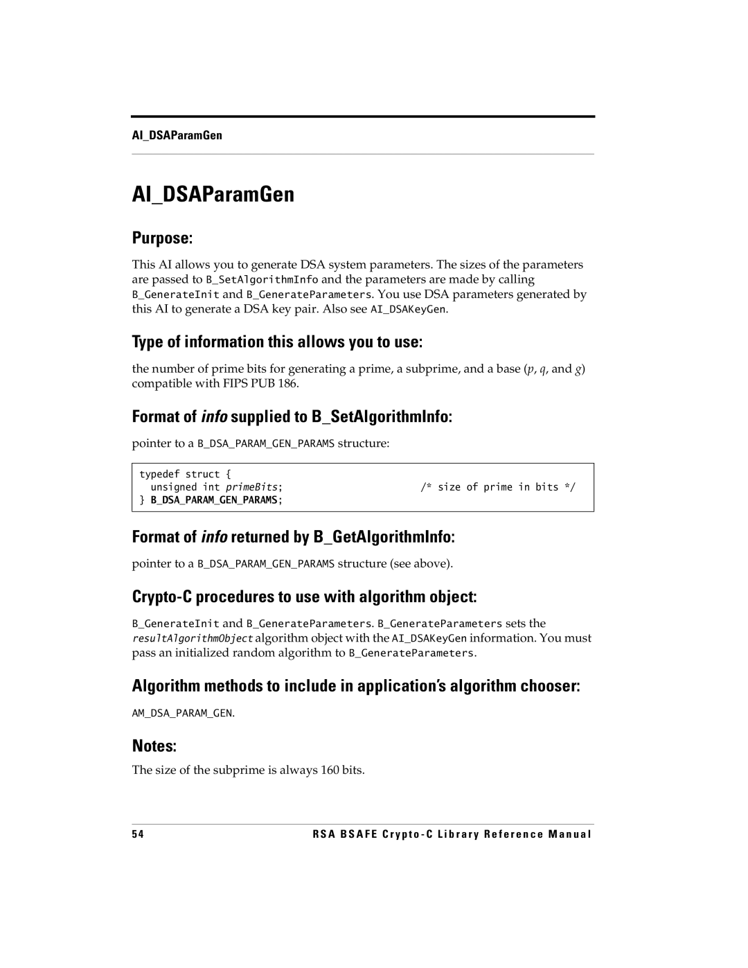 RSA Security 5 manual AIDSAParamGen, Pointer to a Bdsaparamgenparams structure, Size of the subprime is always 160 bits 