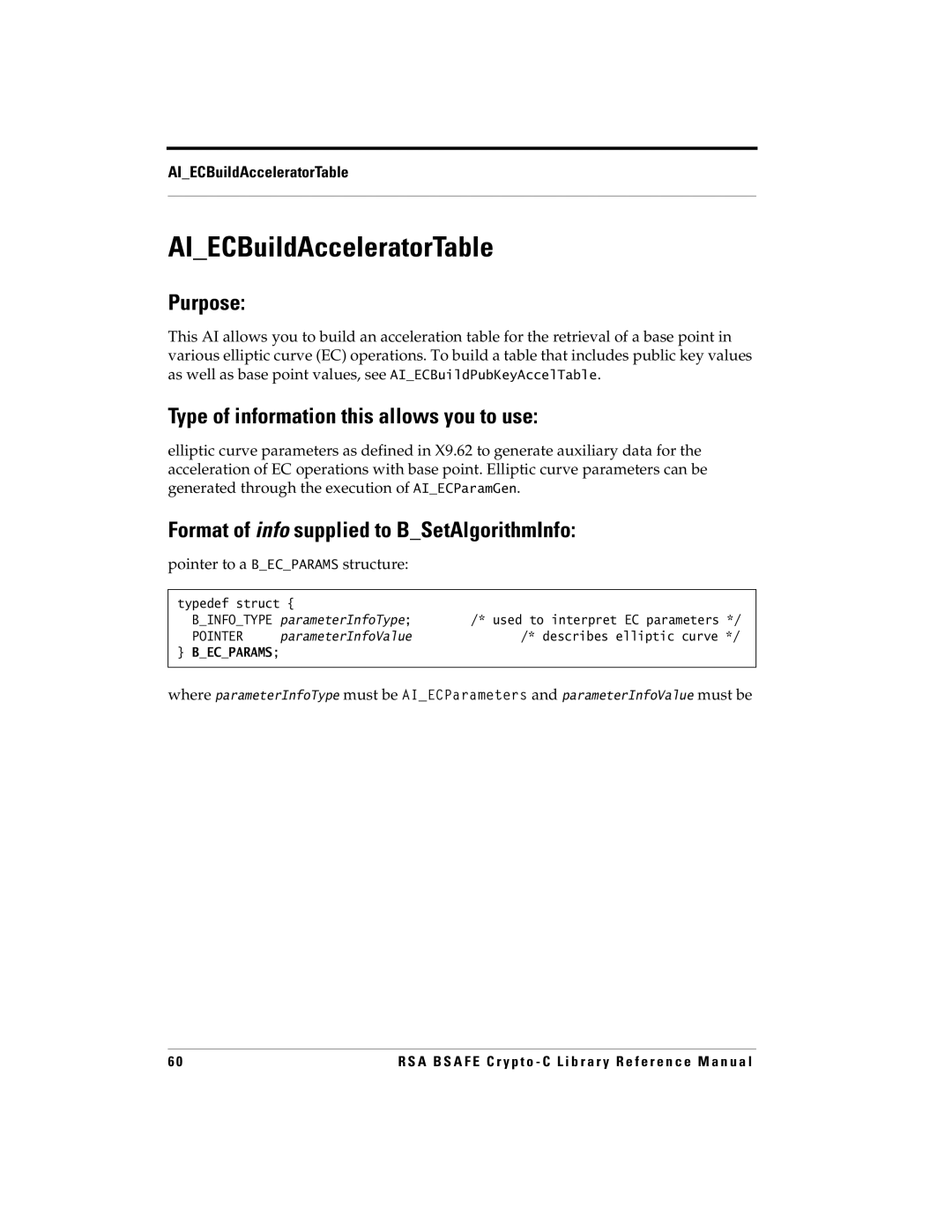 RSA Security 5 manual AIECBuildAcceleratorTable, Pointer to a Becparams structure 