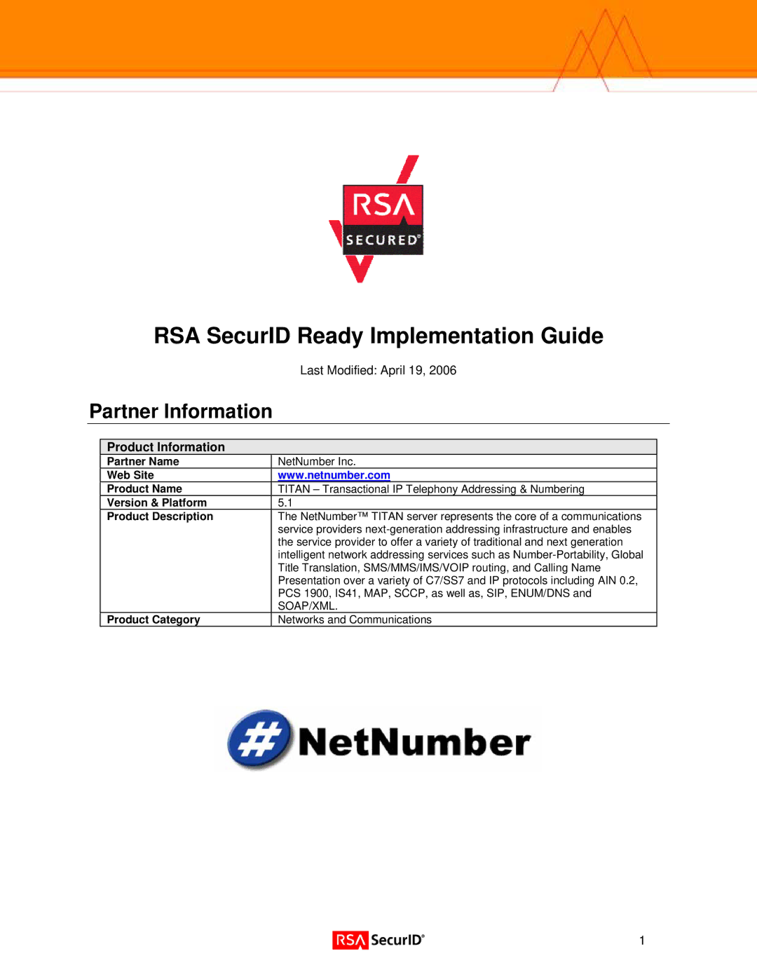 RSA Security 5.1 manual Partner Information, Product Information 