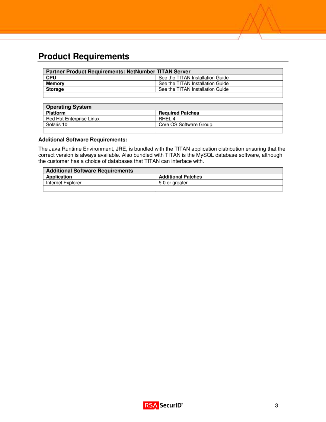 RSA Security 5.1 manual Partner Product Requirements NetNumber Titan Server, Operating System 