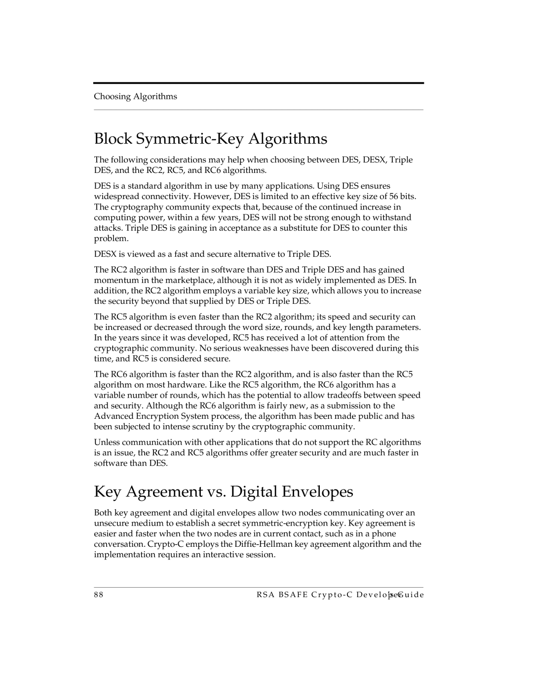 RSA Security 5.2.2 manual Block Symmetric-Key Algorithms, Key Agreement vs. Digital Envelopes 