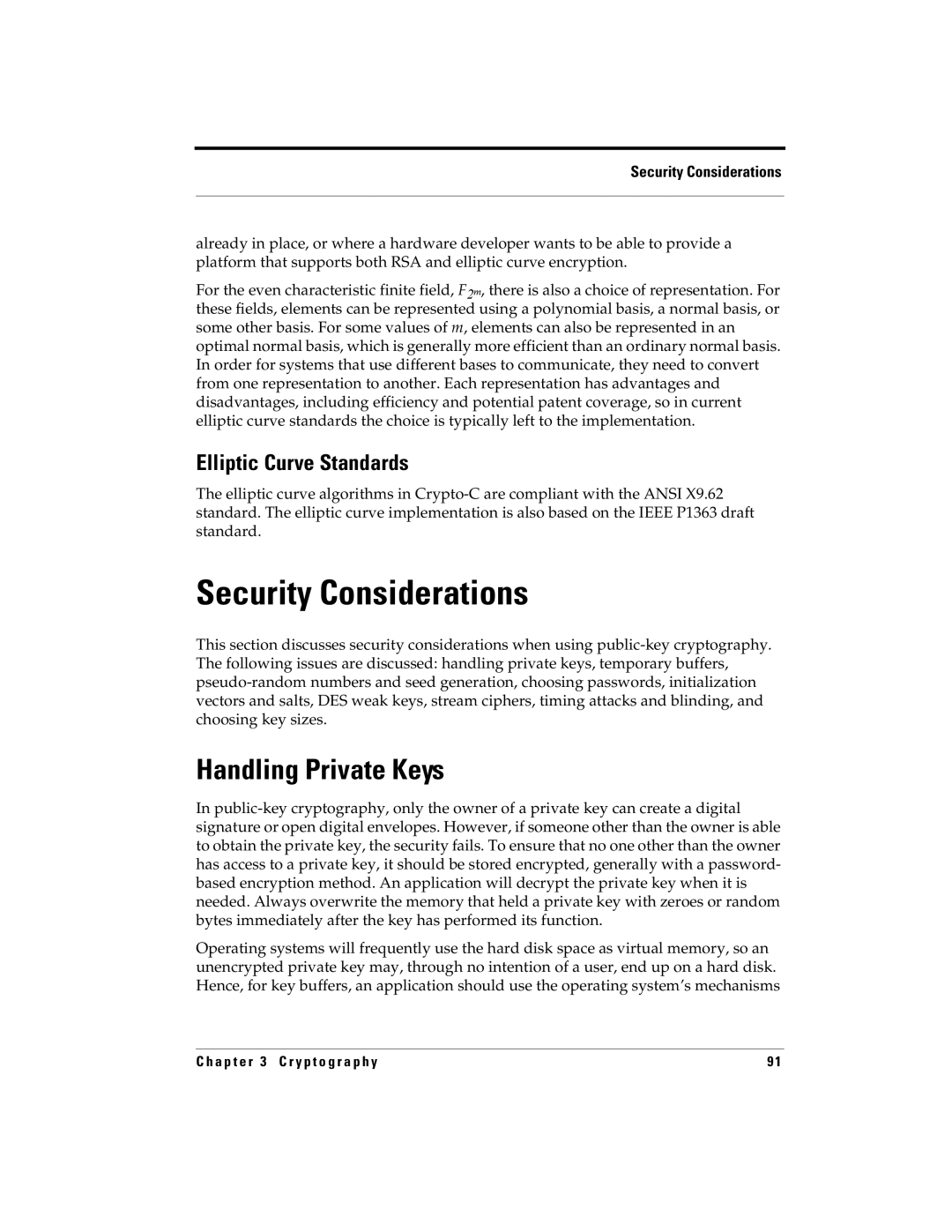 RSA Security 5.2.2 manual Security Considerations, Handling Private Keys, Elliptic Curve Standards 