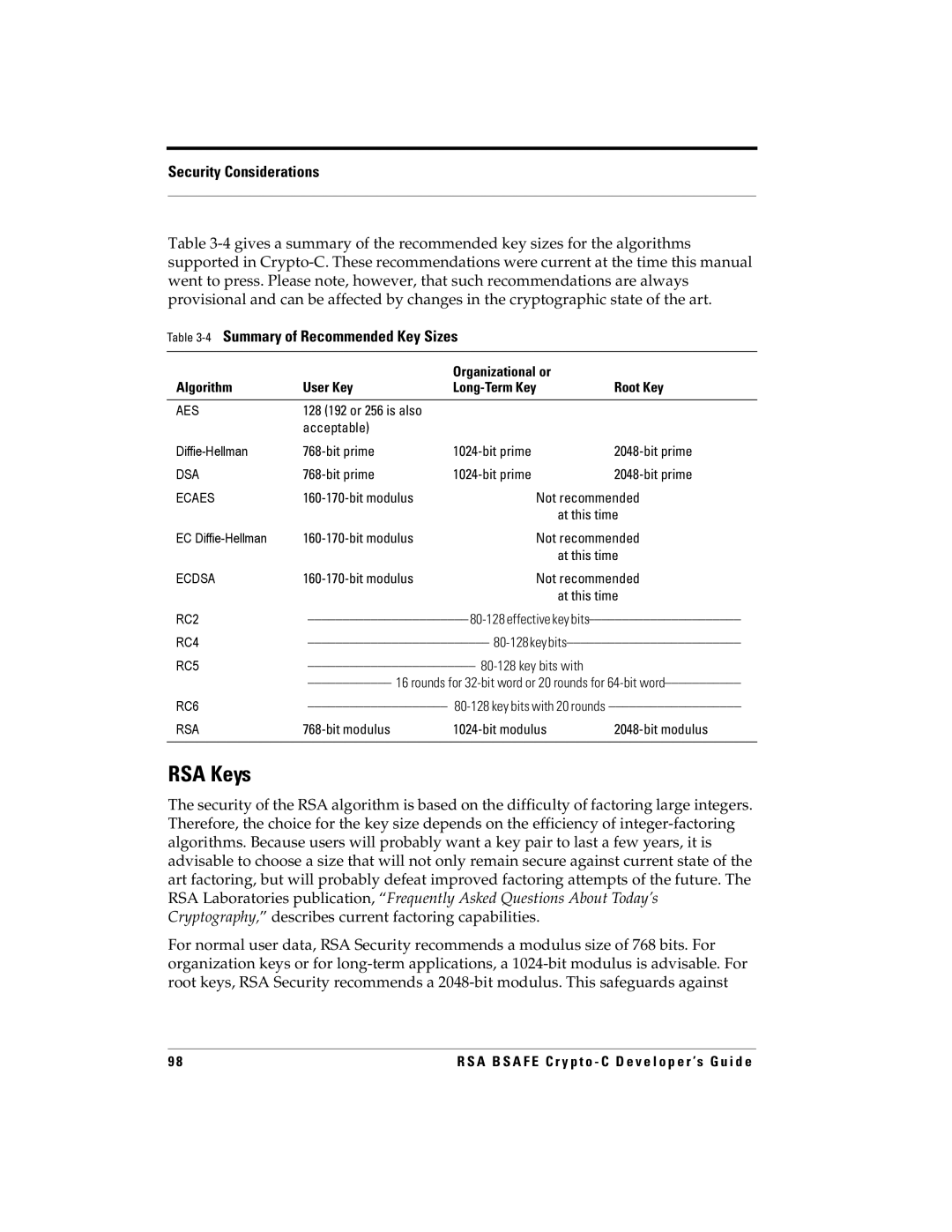 RSA Security 5.2.2 manual RSA Keys, 4Summary of Recommended Key Sizes 