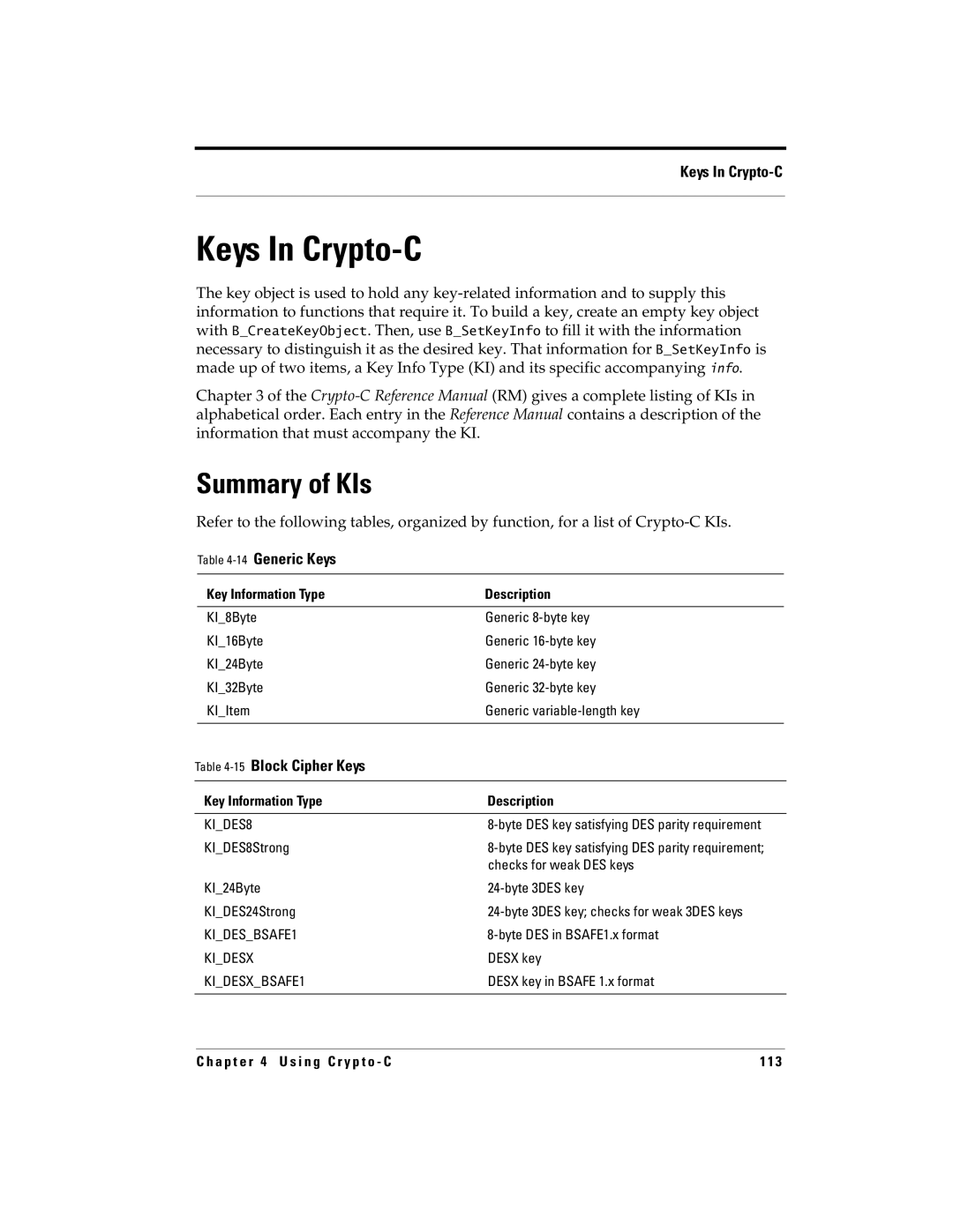 RSA Security 5.2.2 manual Keys In Crypto-C, Summary of KIs, 15Block Cipher Keys 