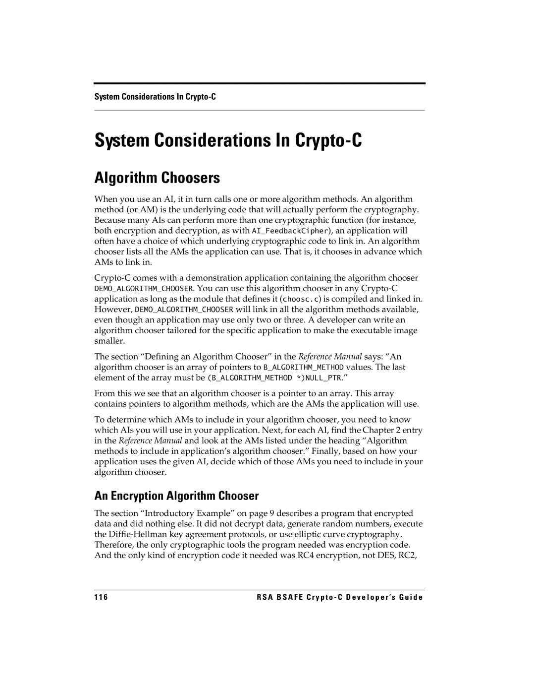 RSA Security 5.2.2 manual System Considerations In Crypto-C, Algorithm Choosers, An Encryption Algorithm Chooser 