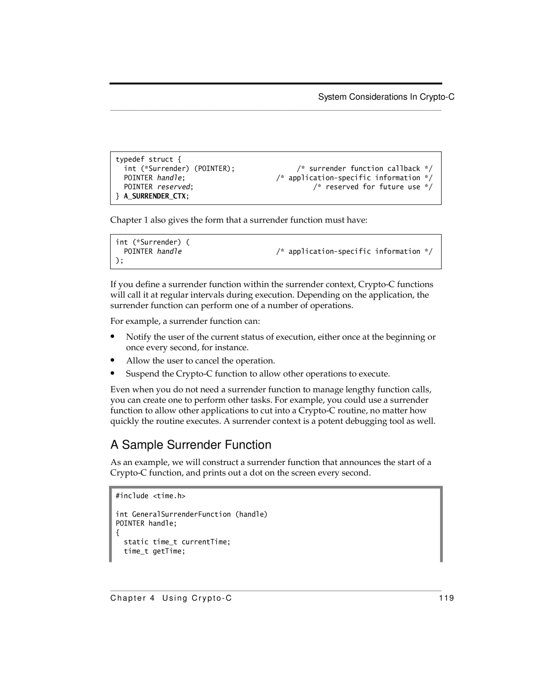 RSA Security 5.2.2 manual Sample Surrender Function, Also gives the form that a surrender function must have 