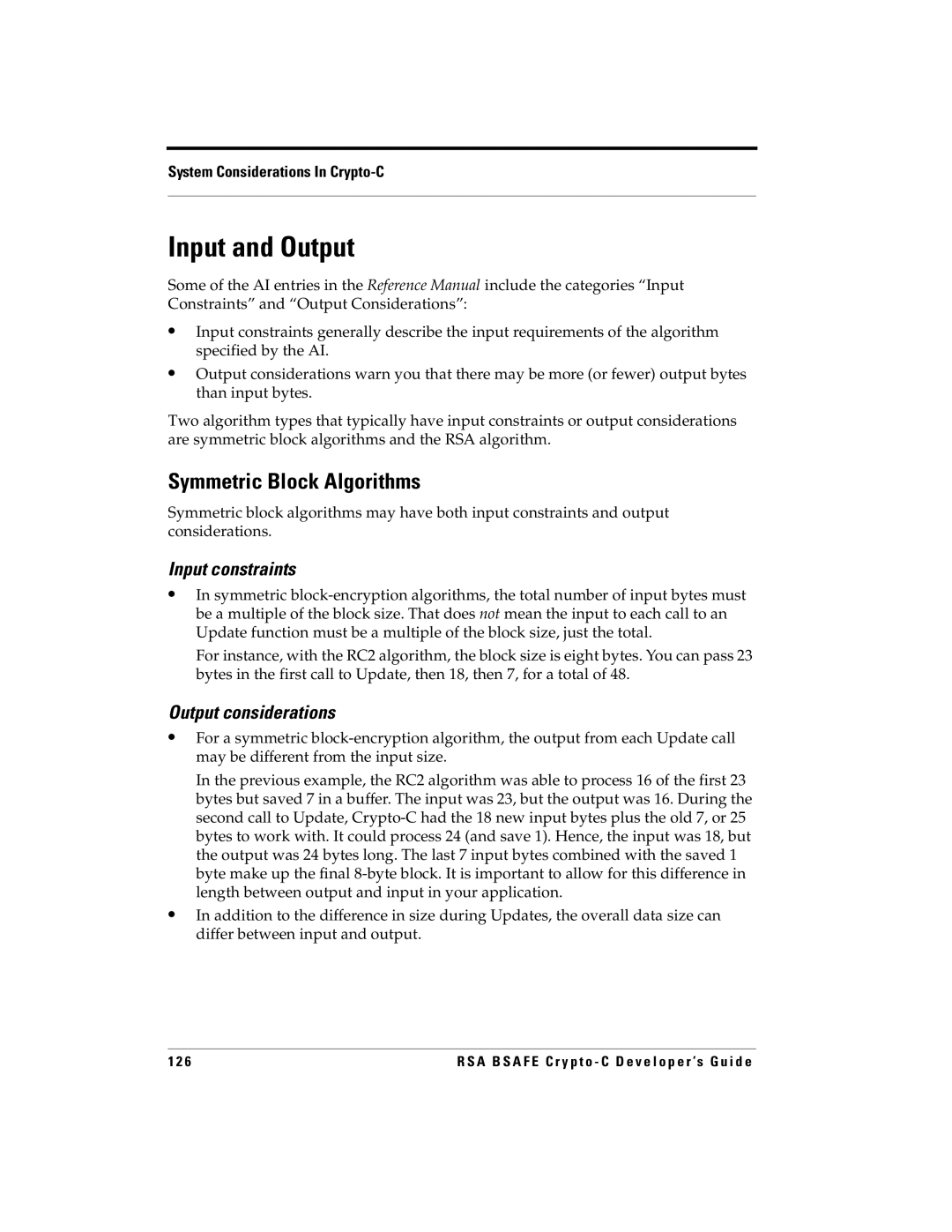 RSA Security 5.2.2 manual Input and Output, Symmetric Block Algorithms, Input constraints, Output considerations 