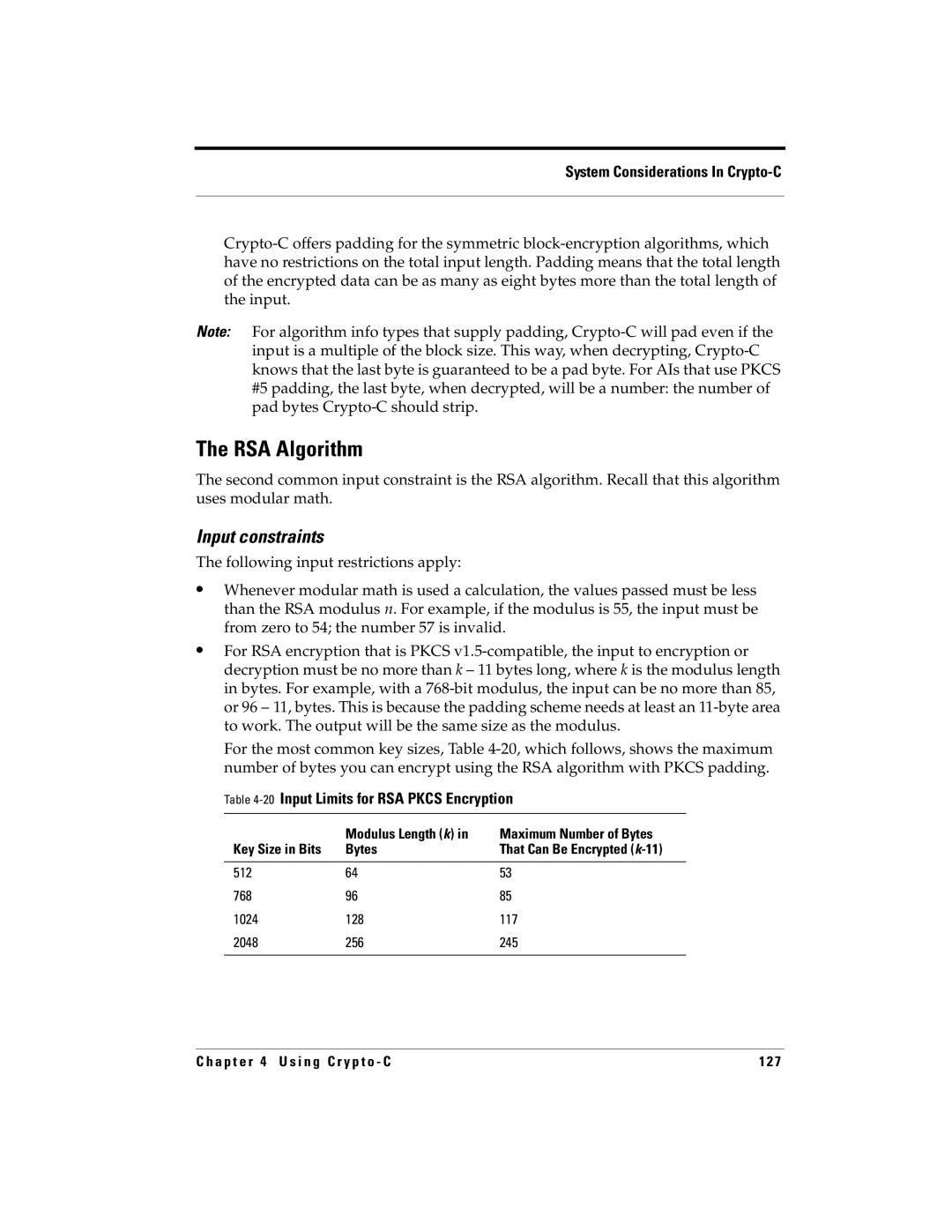 RSA Security 5.2.2 manual RSA Algorithm, 20Input Limits for RSA Pkcs Encryption 