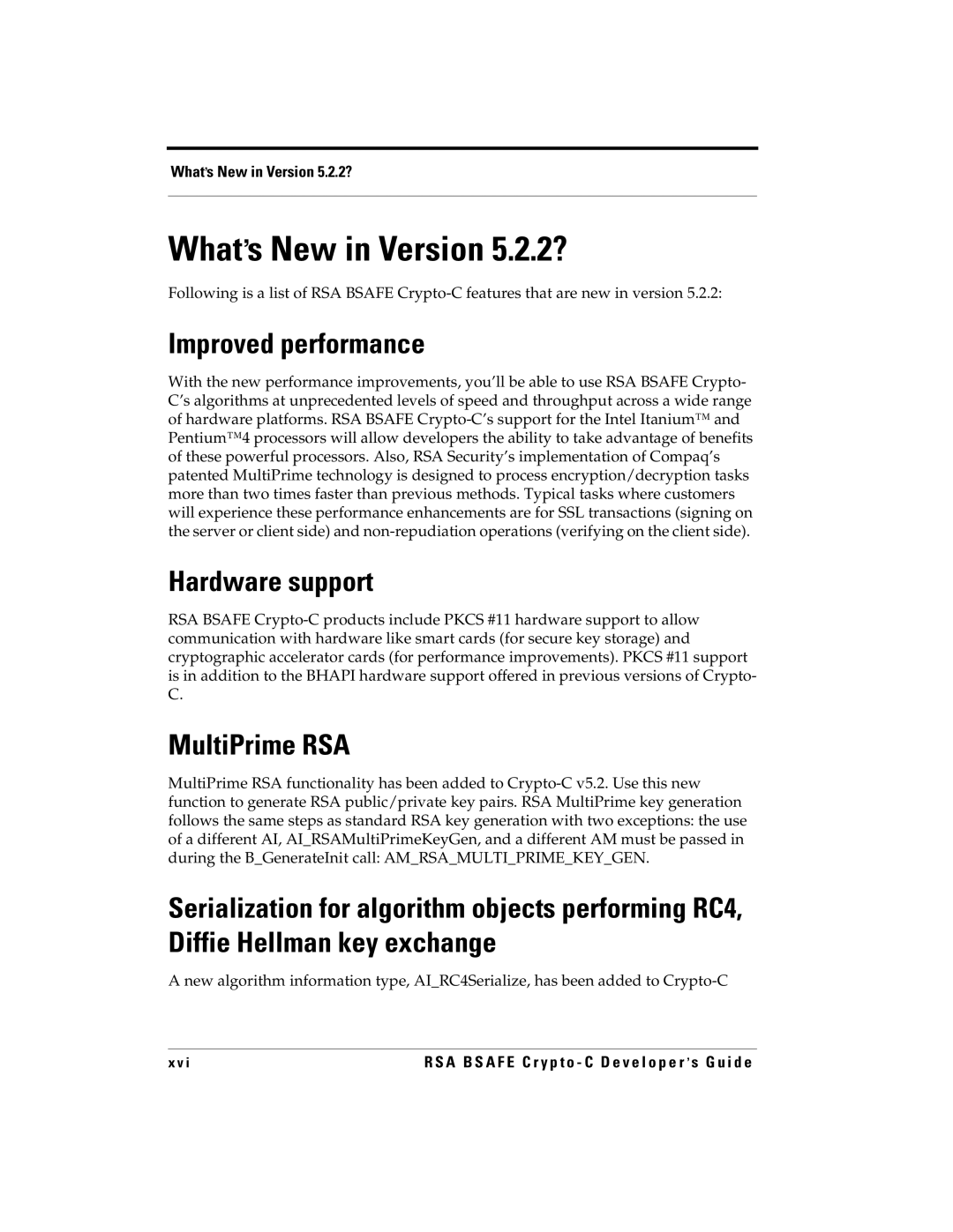 RSA Security manual What’s New in Version 5.2.2?, Improved performance, Hardware support, MultiPrime RSA 