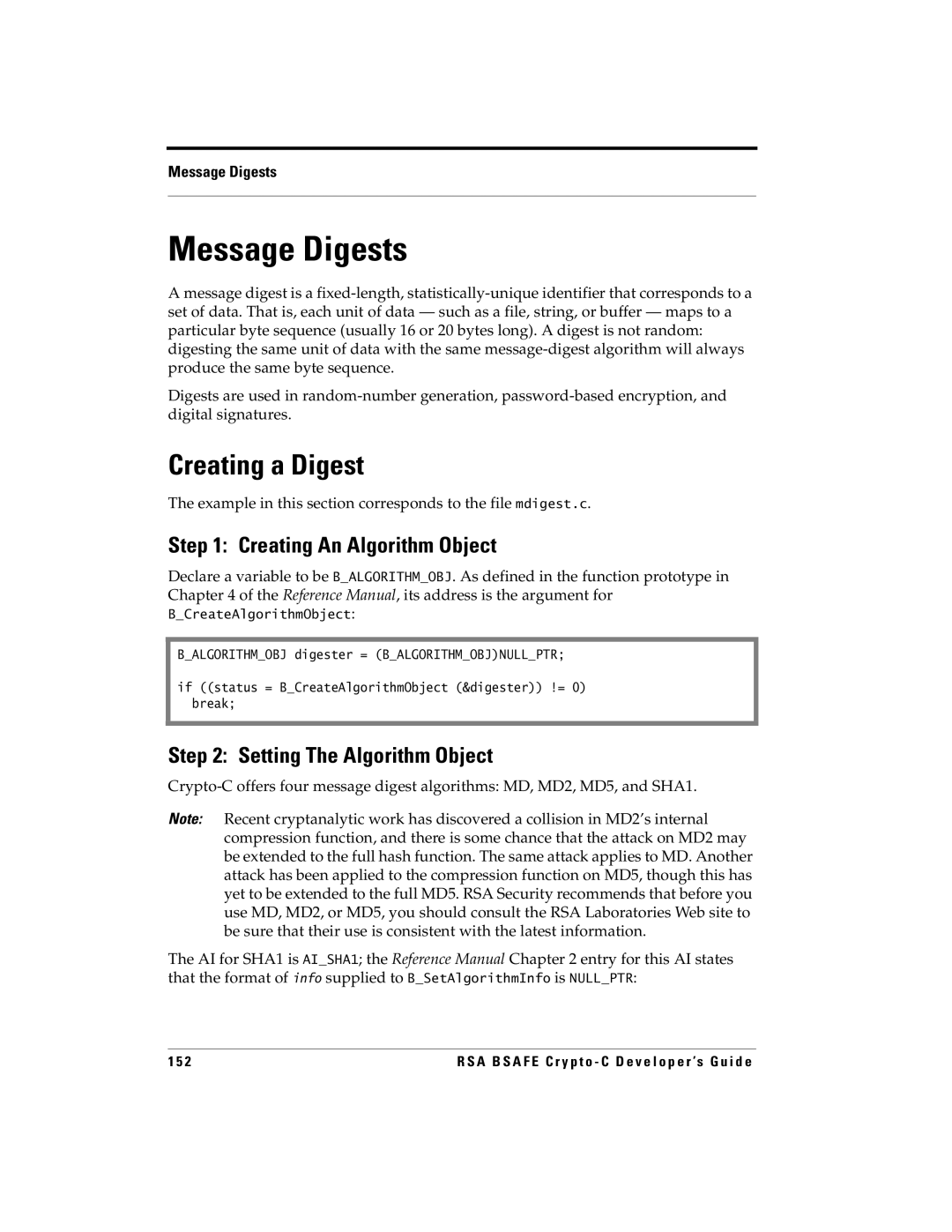 RSA Security 5.2.2 manual Message Digests, Creating a Digest, Example in this section corresponds to the file mdigest.c 