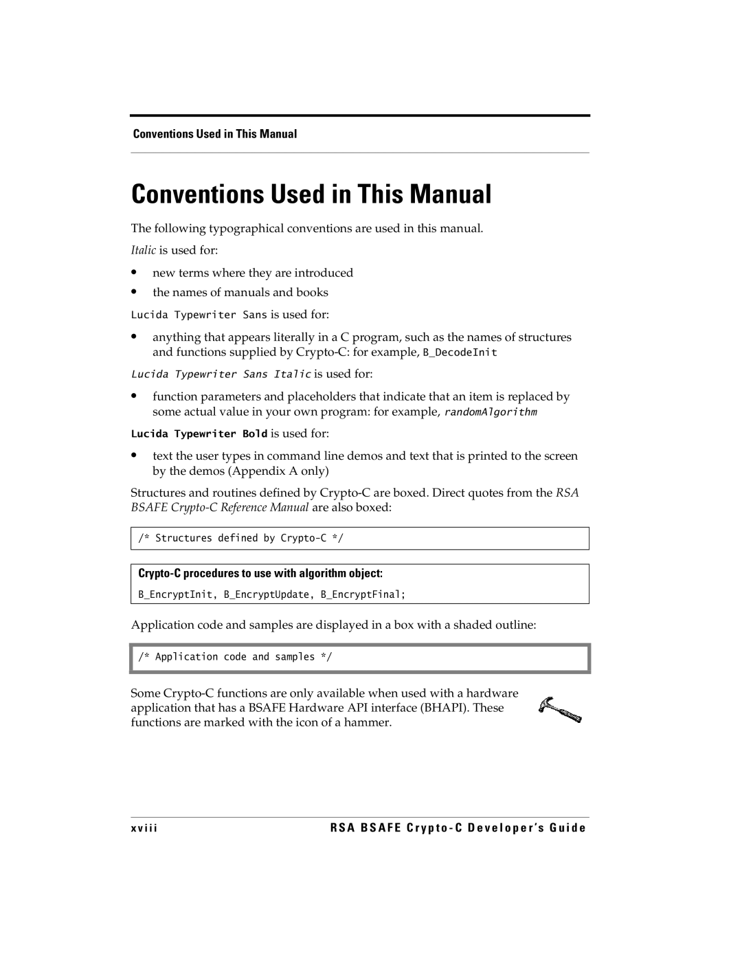 RSA Security 5.2.2 manual Conventions Used in This Manual, Crypto-C procedures to use with algorithm object 