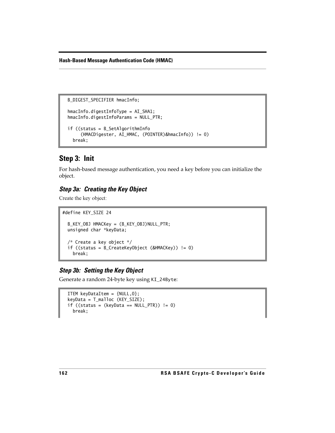 RSA Security 5.2.2 manual Hash-Based Message Authentication Code Hmac, Create the key object 