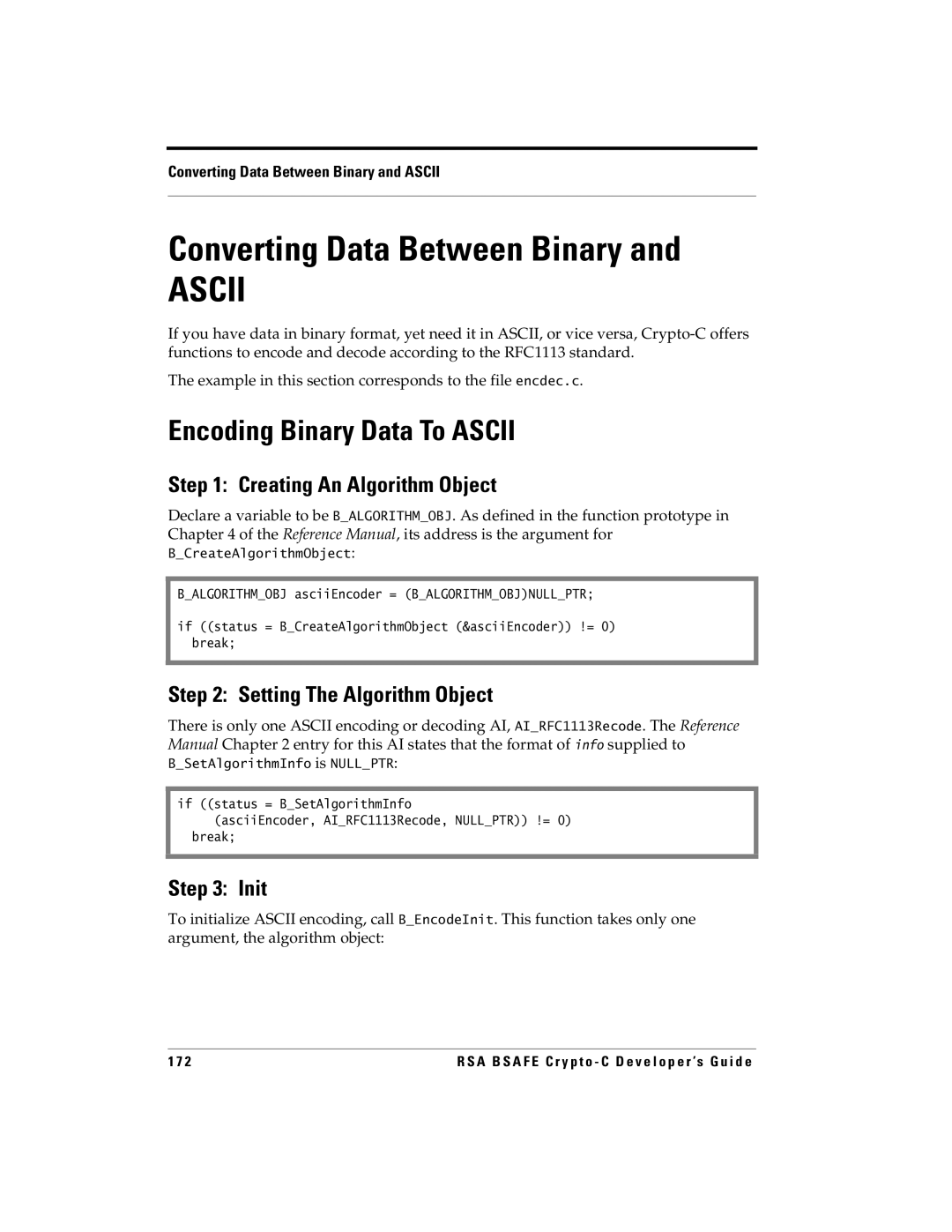 RSA Security 5.2.2 manual Encoding Binary Data To Ascii, Converting Data Between Binary and Ascii 