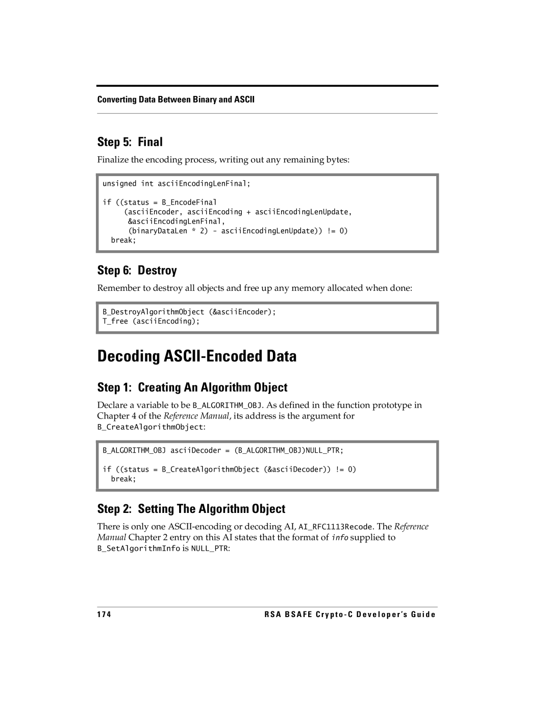 RSA Security 5.2.2 manual Decoding ASCII-Encoded Data, BDestroyAlgorithmObject &asciiEncoder Tfree asciiEncoding 