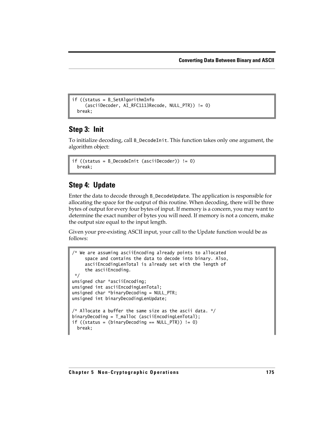 RSA Security 5.2.2 manual If status = BDecodeInit asciiDecoder != 0 break, If status = binaryDecoding == Nullptr != 0 break 