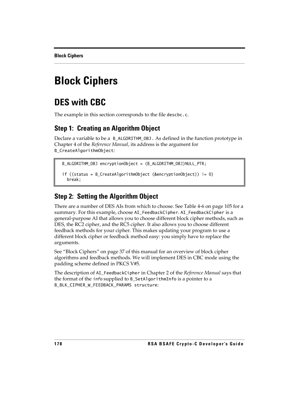 RSA Security 5.2.2 manual Block Ciphers, DES with CBC, Example in this section corresponds to the file descbc.c 