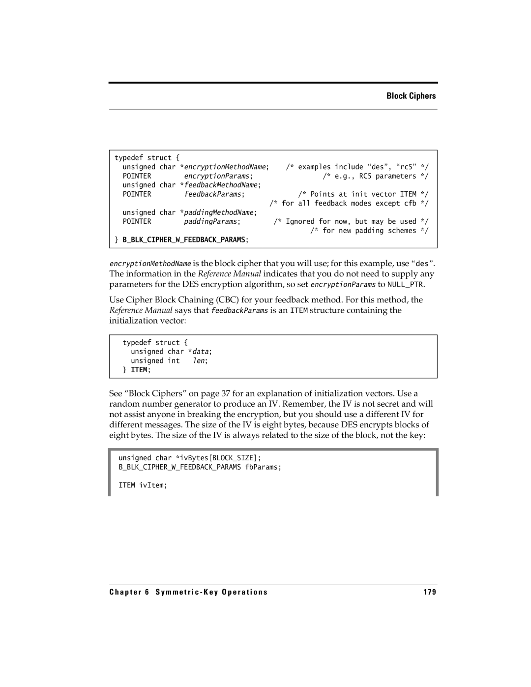 RSA Security 5.2.2 manual Examples include des, rc5, RC5 parameters, Points at init vector Item, For new padding schemes 