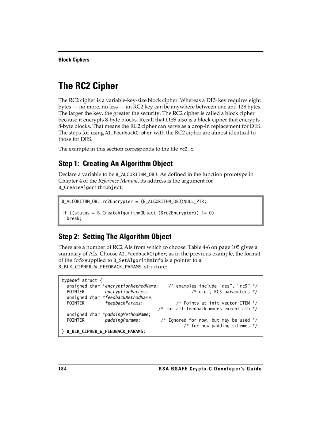 RSA Security 5.2.2 manual RC2 Cipher, Creating An Algorithm Object 