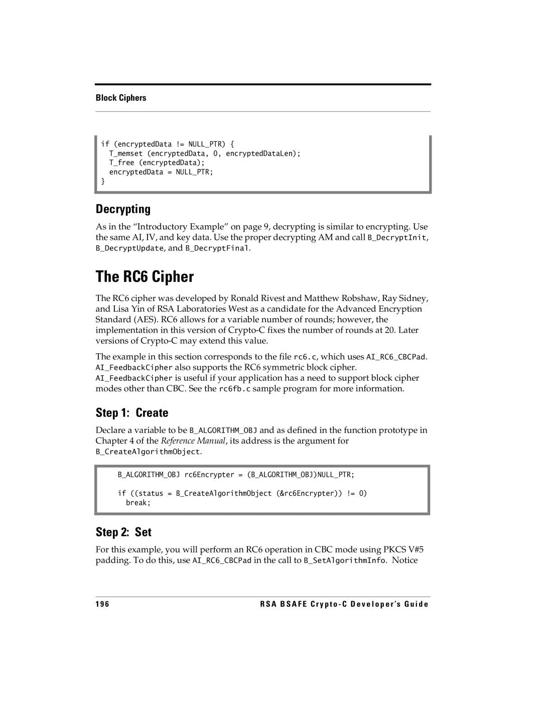 RSA Security 5.2.2 manual RC6 Cipher, EncryptedData = Nullptr 