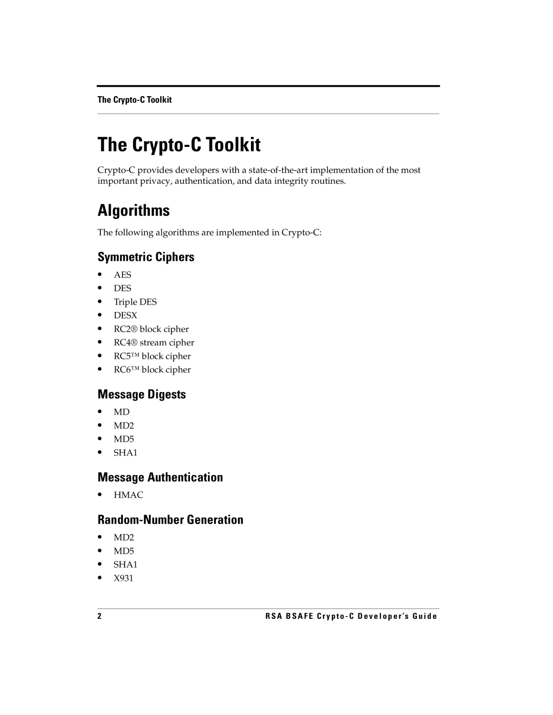 RSA Security 5.2.2 manual Crypto-C Toolkit, Algorithms 