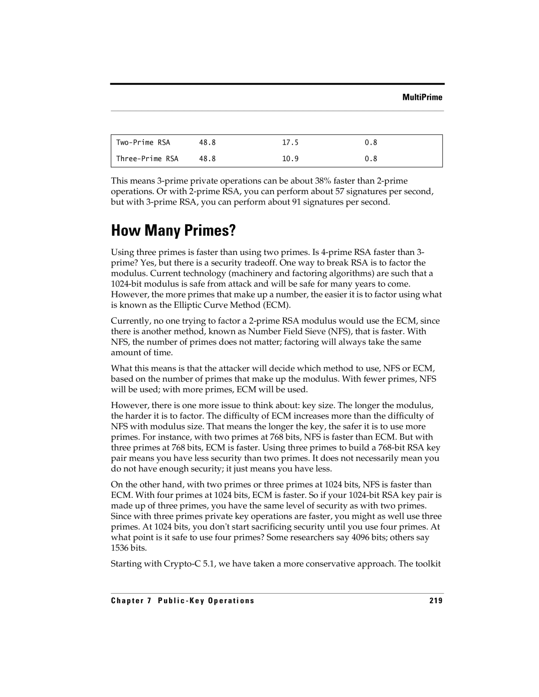 RSA Security 5.2.2 manual How Many Primes?, Two-Prime RSA 48.8 17.5 Three-Prime RSA 10.9 