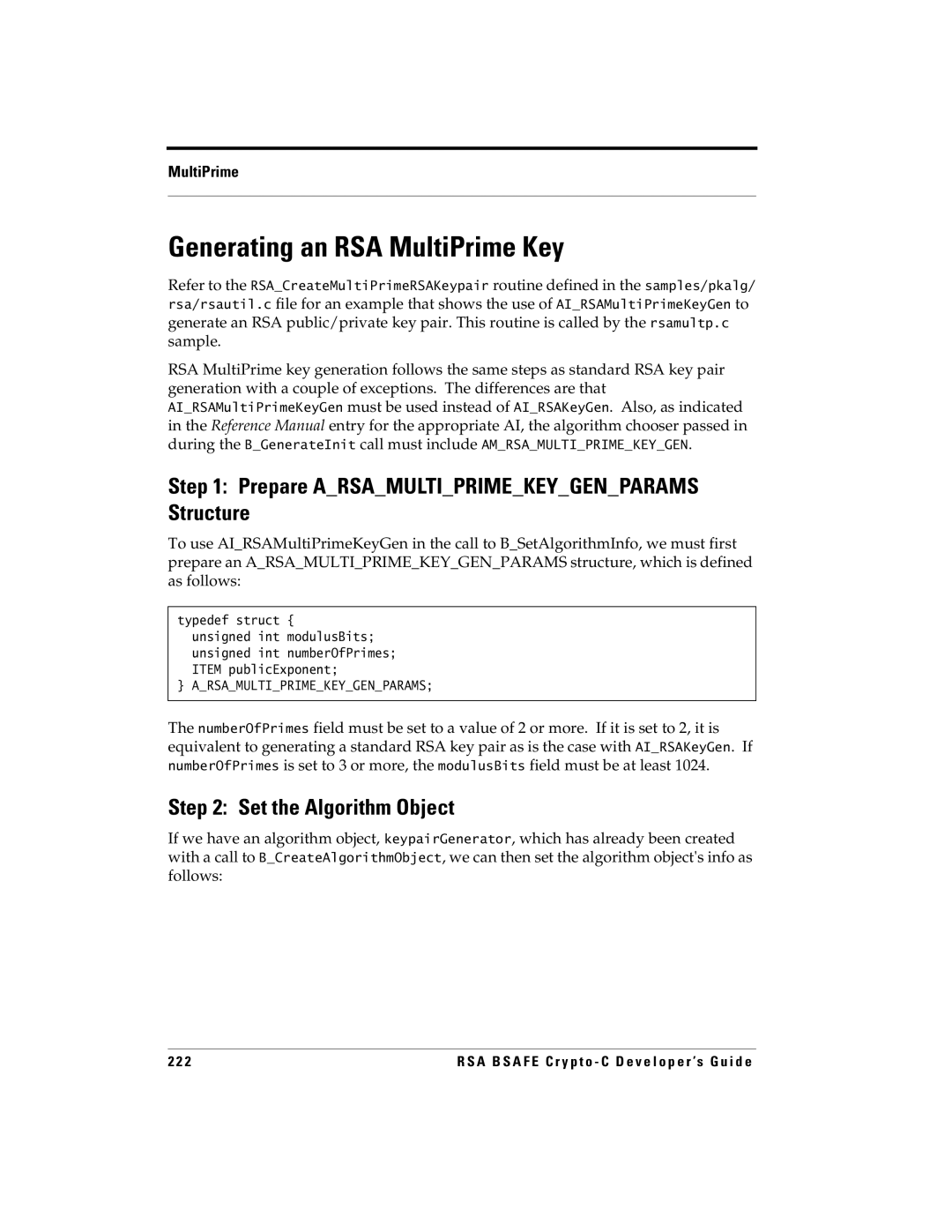 RSA Security 5.2.2 manual Generating an RSA MultiPrime Key, Set the Algorithm Object 