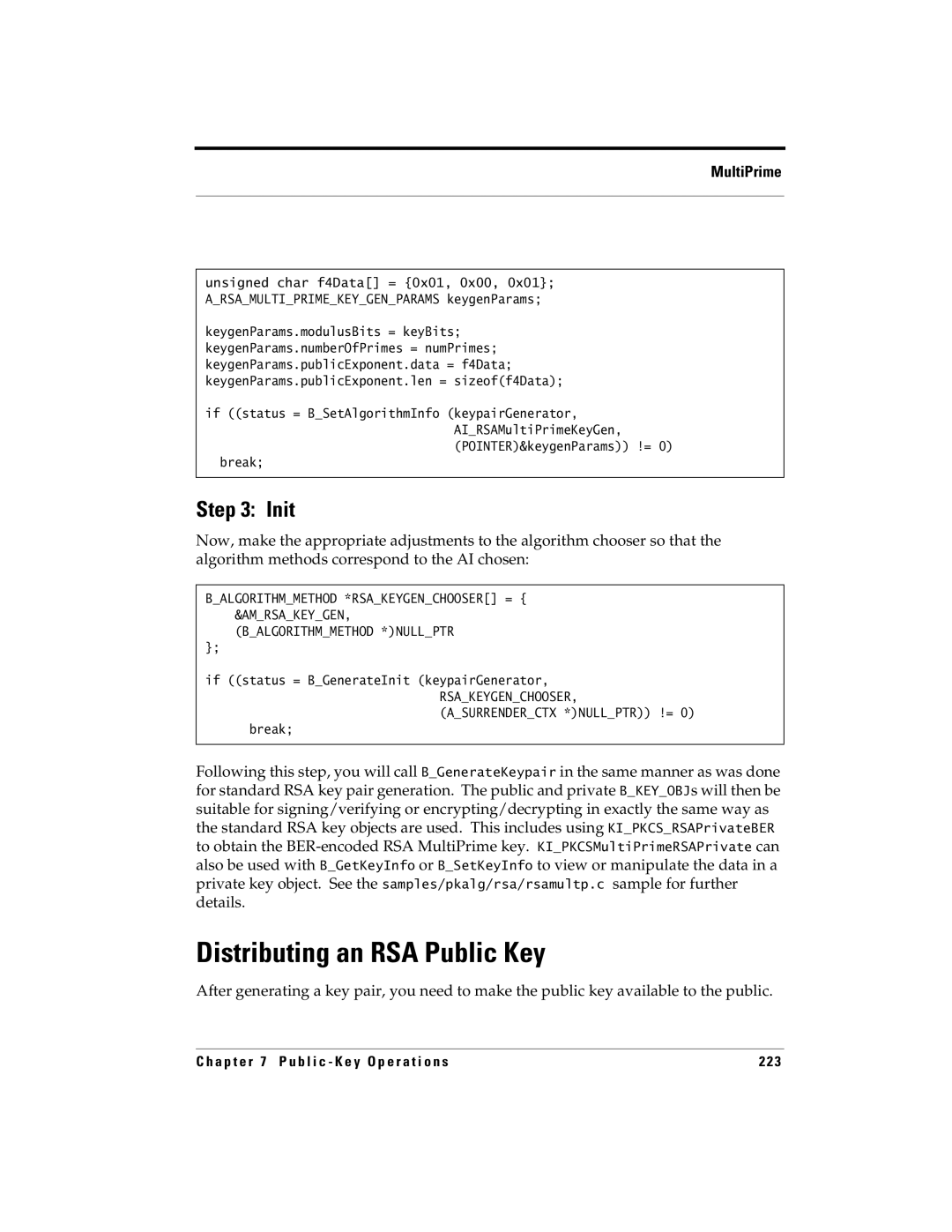 RSA Security 5.2.2 manual Distributing an RSA Public Key, If status = BGenerateInit keypairGenerator 