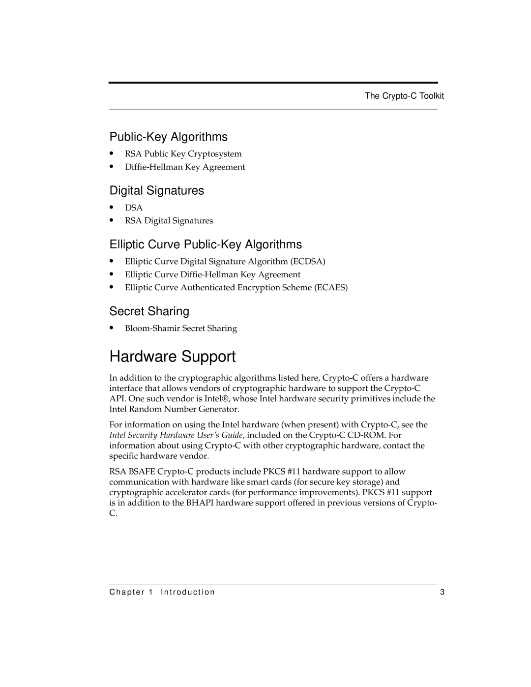 RSA Security 5.2.2 manual Digital Signatures, Elliptic Curve Public-Key Algorithms, Secret Sharing 