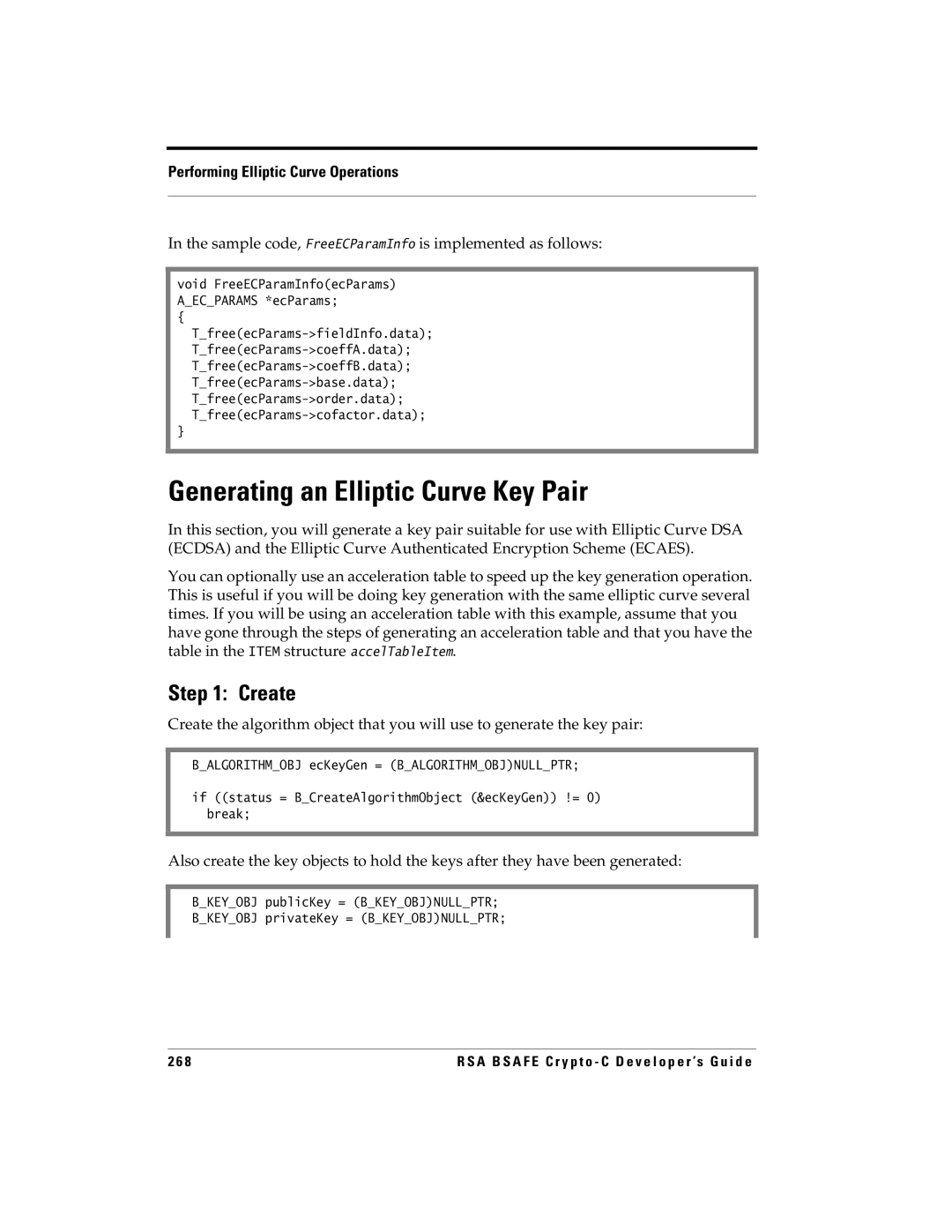 RSA Security 5.2.2 manual Generating an Elliptic Curve Key Pair, Sample code, FreeECParamInfo is implemented as follows 