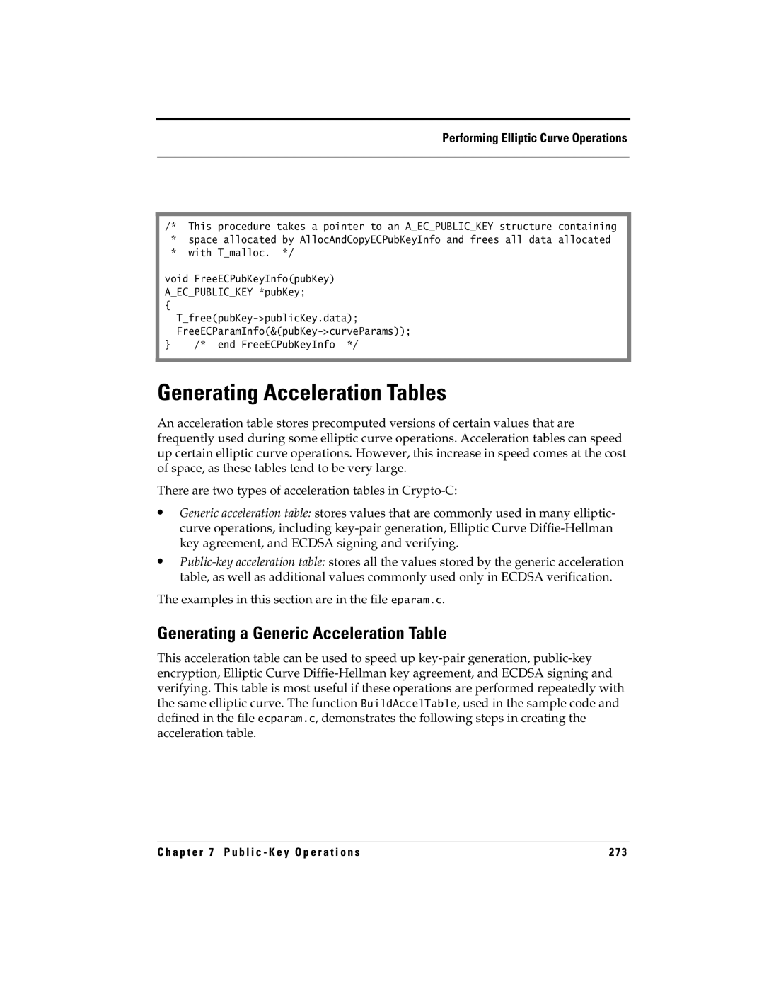 RSA Security 5.2.2 manual Generating Acceleration Tables, Generating a Generic Acceleration Table, End FreeECPubKeyInfo 