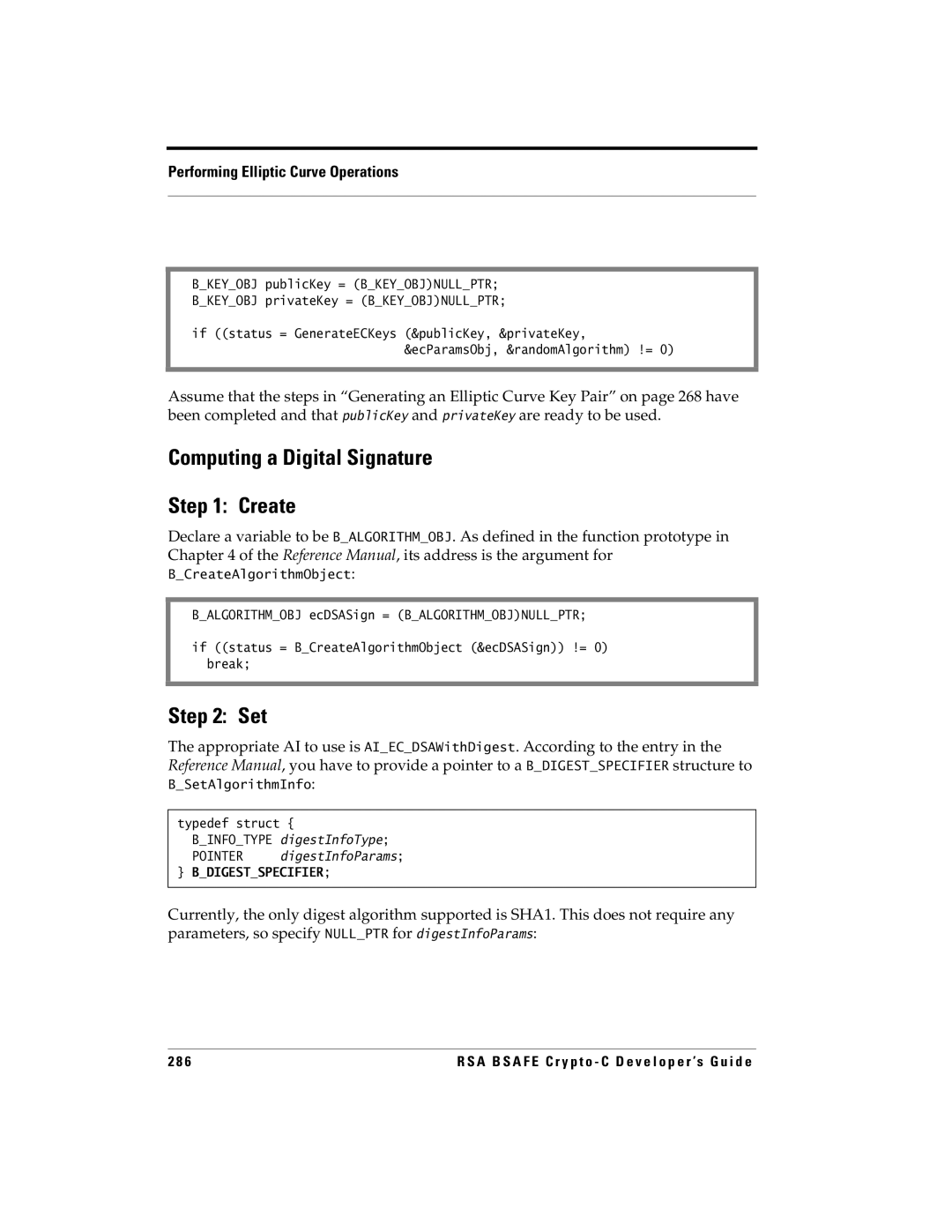 RSA Security 5.2.2 manual Computing a Digital Signature Create, Set 