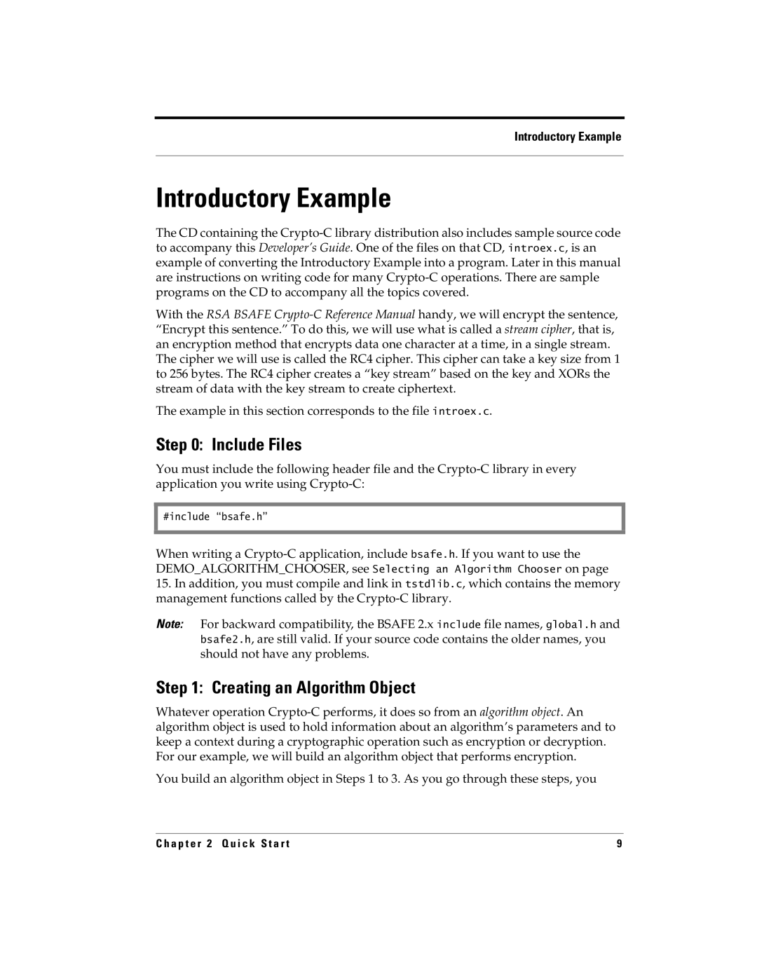 RSA Security 5.2.2 manual Introductory Example, Include Files, Creating an Algorithm Object, #include bsafe.h 