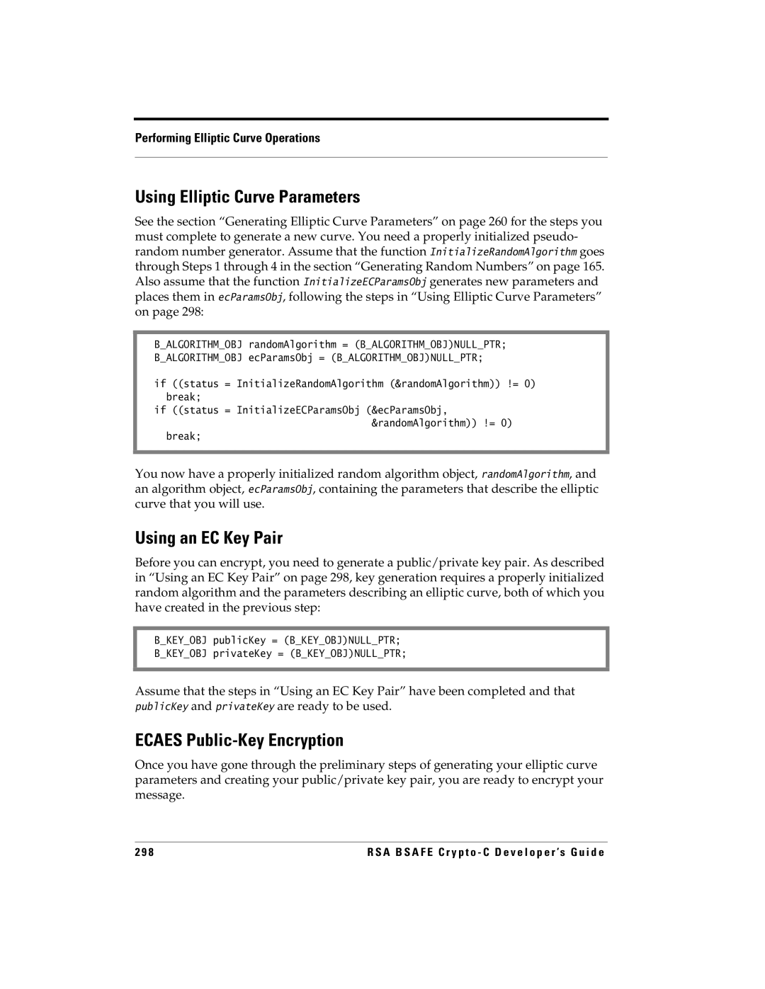 RSA Security 5.2.2 manual Using Elliptic Curve Parameters, Using an EC Key Pair, Ecaes Public-Key Encryption 